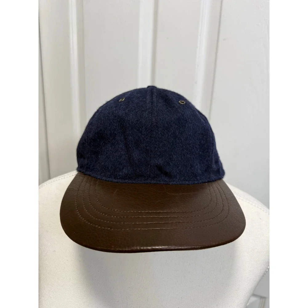 Lands End Mens Navy Blue 100% Wool Baseball Cap Brown Leather Brim Made in USA